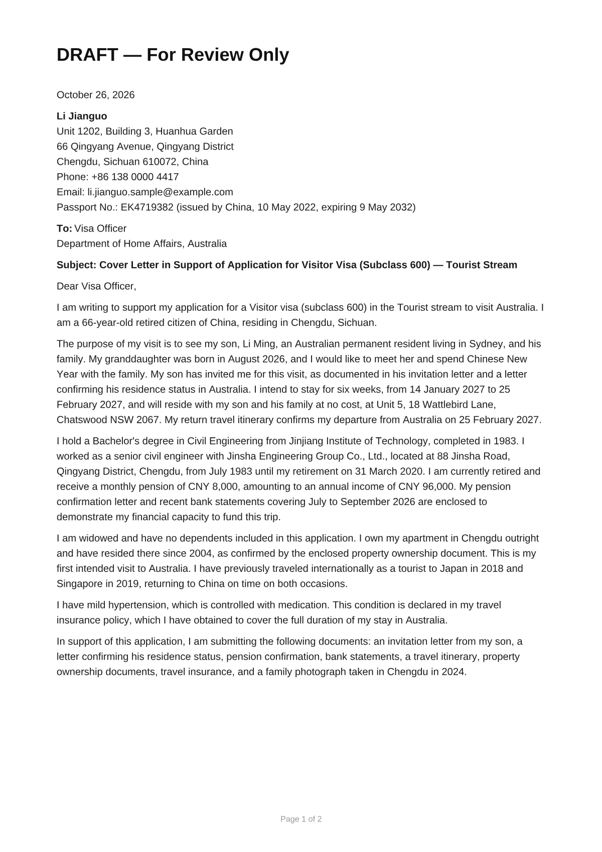 Cover letter, page 1: applicant details, subject line for a Visitor visa (subclass 600) Tourist stream application, and paragraphs on the purpose of the visit, finances, ties to China and travel insurance
