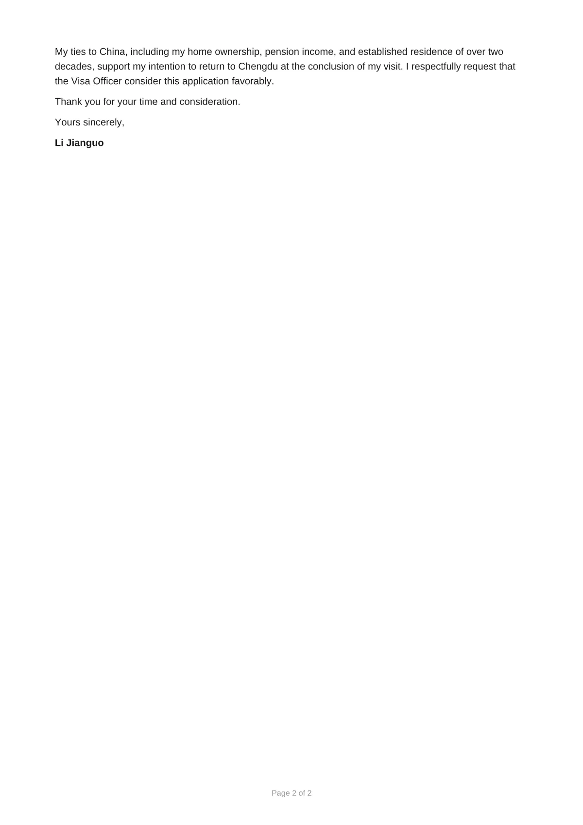 Cover letter, page 2: closing paragraph on ties to China, thanks, and the signature block for Li Jianguo