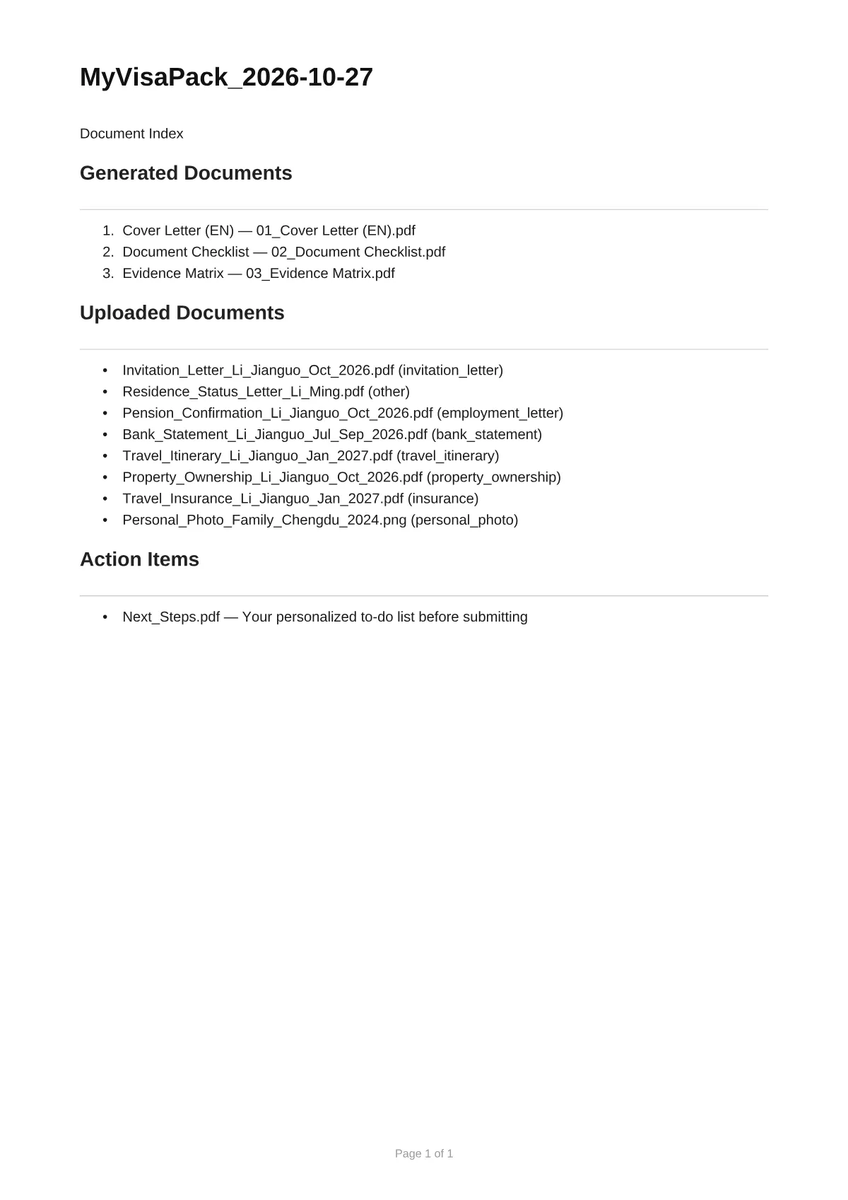 Pack index listing the three generated documents, the eight uploaded documents under their new names, and a pointer to Next_Steps.pdf