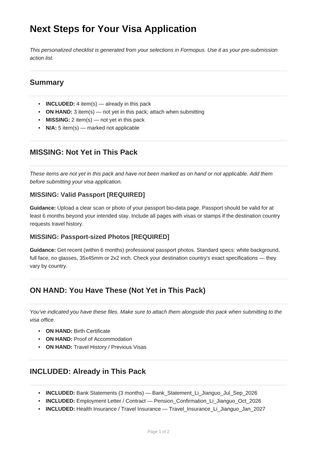 Next steps, page 1: a summary of counts by status, the two missing items with guidance on how to get them, the items on hand to attach, and the items already included